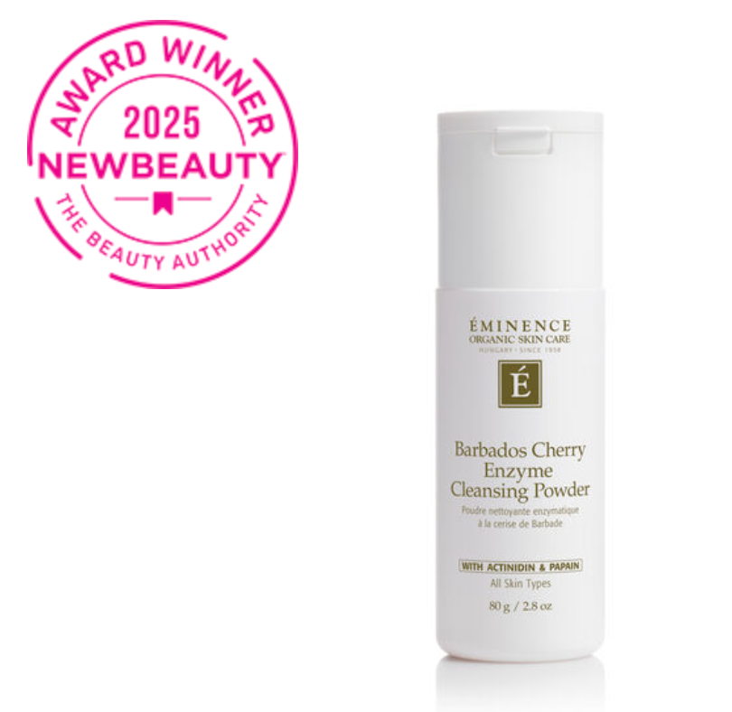Eminence Barbados Cherry Enzyme Cleansing Powder with NewBeauty award badge on a white background
