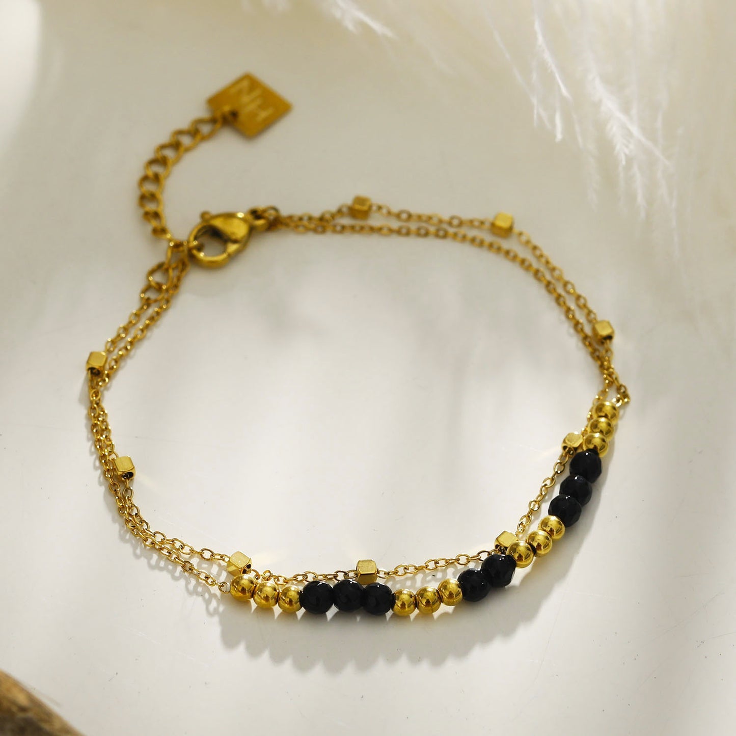 Hackney Nine HILDA Two-in-One Square Beads & Round Beads in Black & Gold Bracelet.