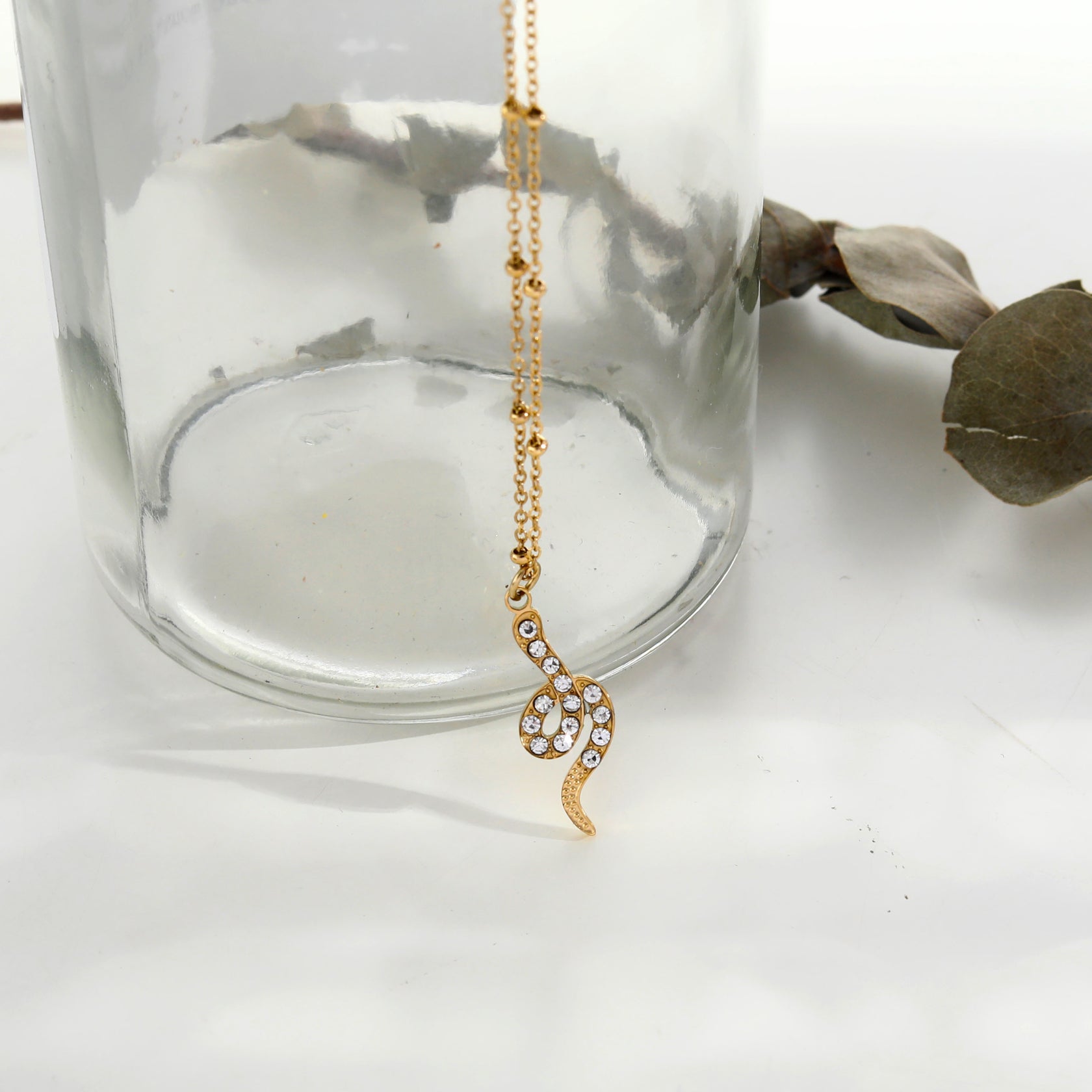 Hackney Nine Gold RIHANNA Beaded Chain Necklace with a Pavé Zirconia Serpent Pendant in Gold