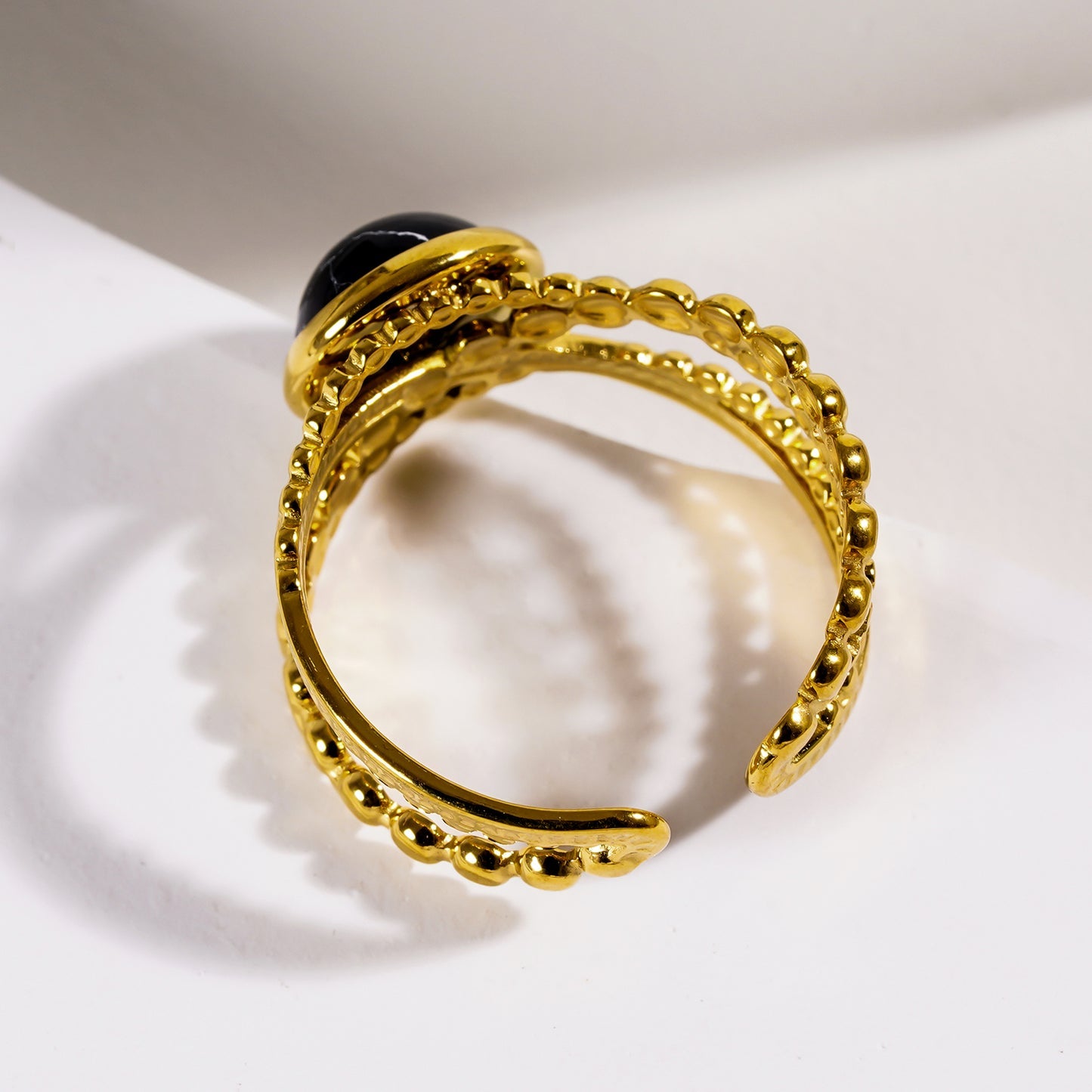 Hackney Nine MALAYA Cross Over Stacked Ring with a Black Turquoise Stone Centrepiece