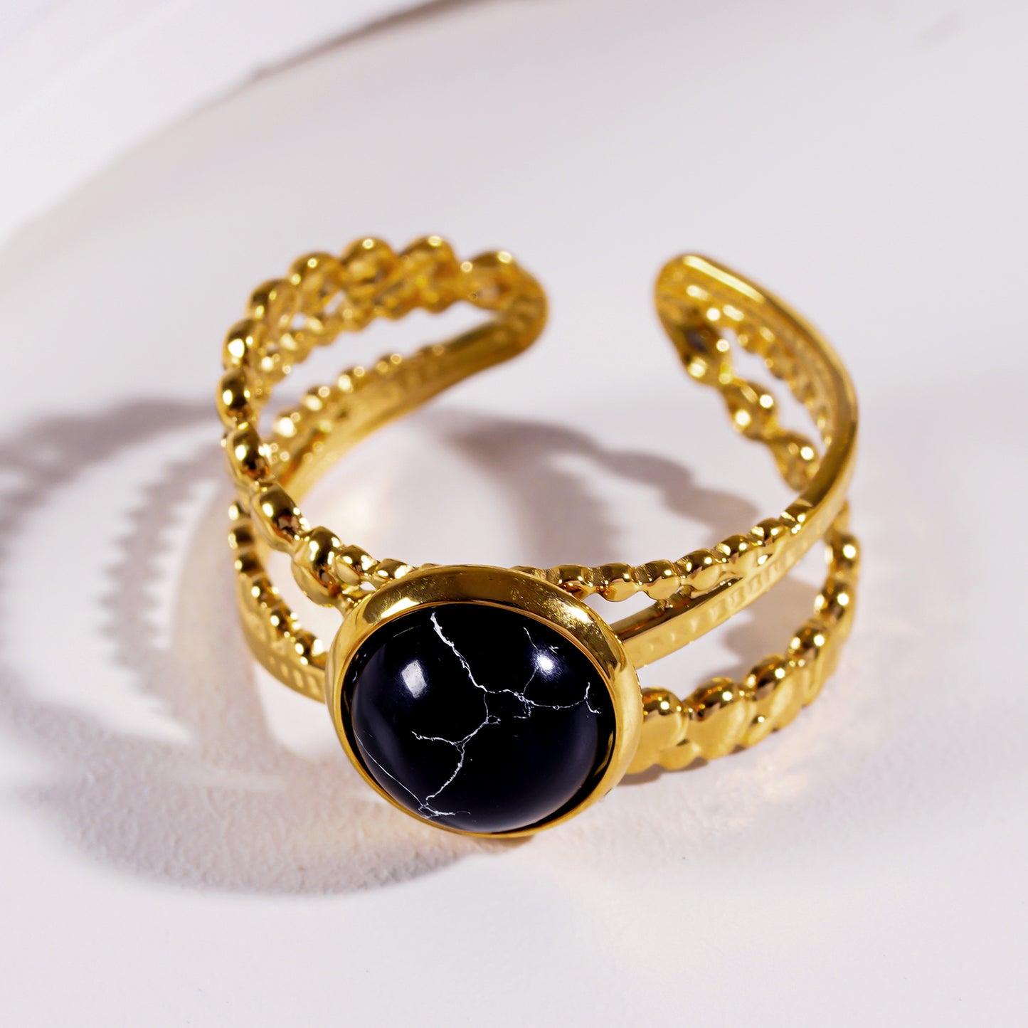 Hackney Nine MALAYA Cross Over Stacked Ring with a Black Turquoise Stone Centrepiece