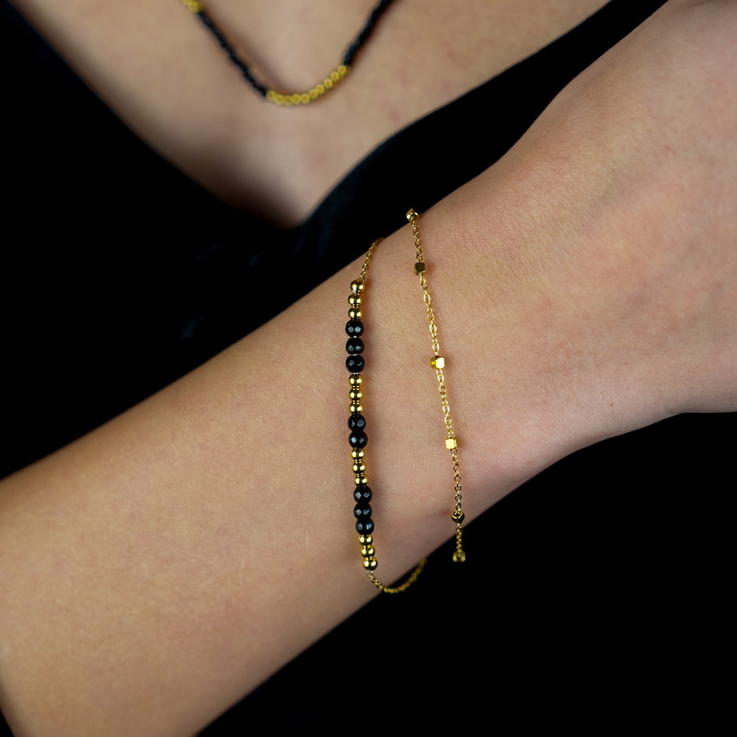Hackney Nine HILDA Two-in-One Square Beads & Round Beads in Black & Gold Bracelet.