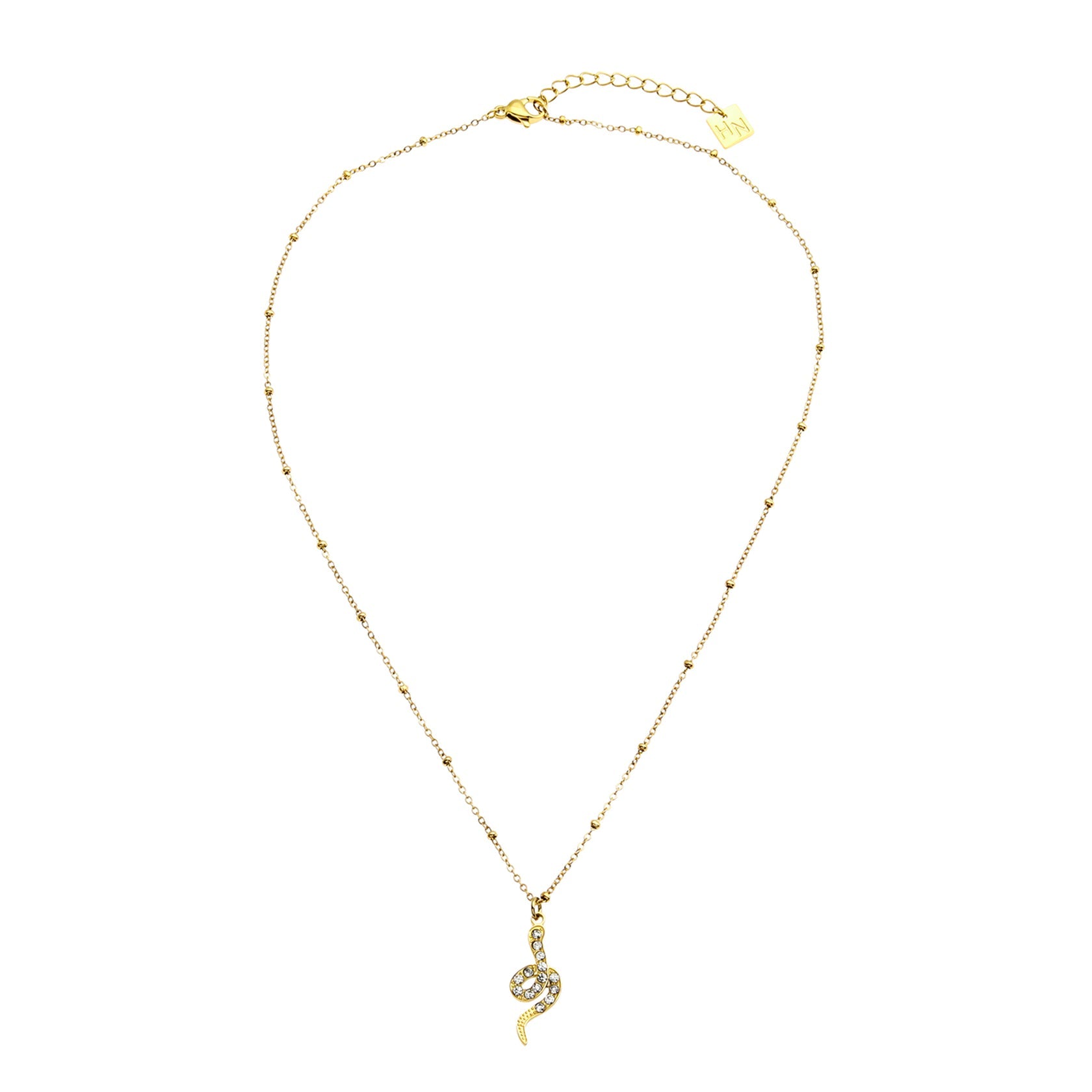 Hackney Nine Gold RIHANNA Beaded Chain Necklace with a Pavé Zirconia Serpent Pendant in Gold