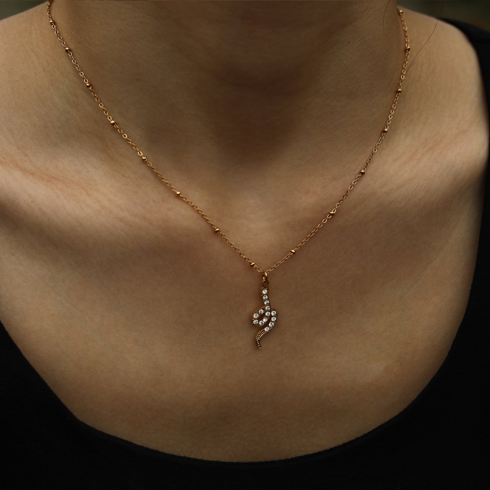 Hackney Nine Gold RIHANNA Beaded Chain Necklace with a Pavé Zirconia Serpent Pendant in Gold