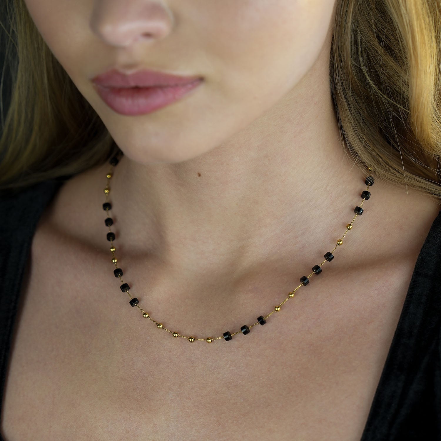 Hackney Nine SANTA CRUZ Black Onyx and Gold Beaded Chain Necklace