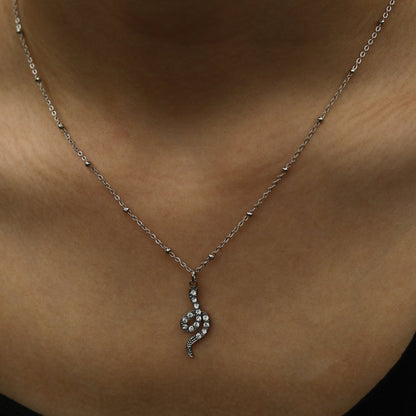 Hackney Nine RIHANNA Silver Beaded Chain Necklace with a Pavé Zirconia Serpent Pendant in Silver