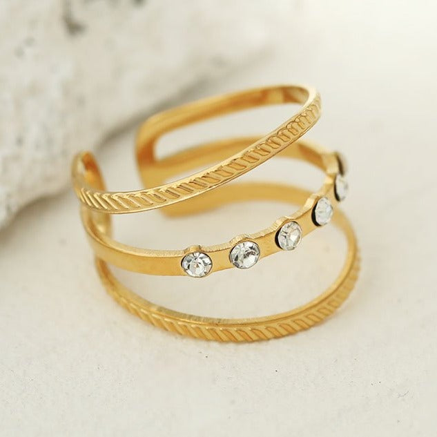 Hackney Nine AMALIA Triple Stacked Zirconia Embellished Gold Ring.